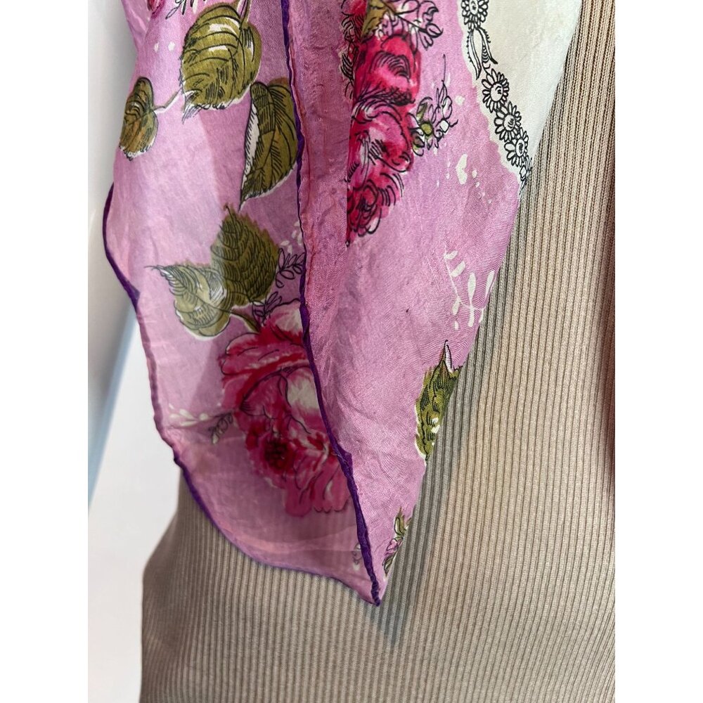Vintage 60s Floral Handkerchief Scarf Pink & White Delicate Print - Picture 4 of 16